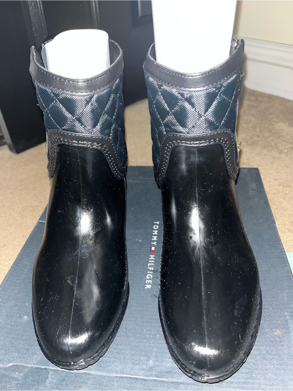 Tommy Hilfiger Black Quilted Cuff Rain Ankle Boots Women